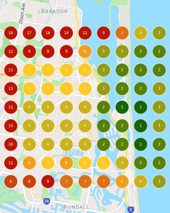Google Maps ranking grid for 'Car Window Tinting' on day 7 of the trial: in the top 3 across roughly a third of the area, strongest east and south of the shop.