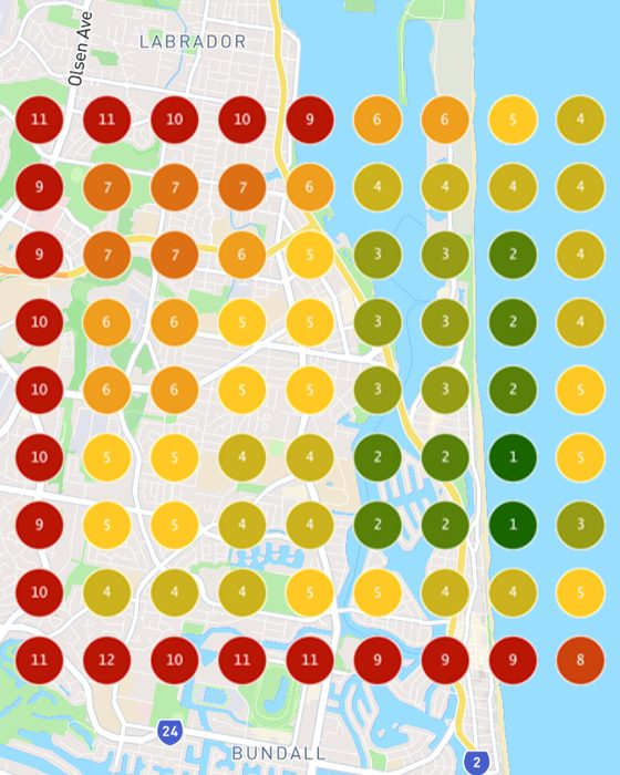 Google Maps ranking grid for 'Window Tinting Gold Coast' on day 7 of the trial: first top 3 points on the coastal side, average position 8.9 to 5.8.