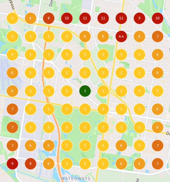 Google Maps ranking grid for 'Landscaper Near Me' around a south-east Melbourne landscaper on day 1 of the trial: in the top 3 at one point only.