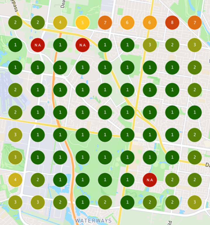 Google Maps ranking grid for 'Landscaper Near Me' on day 7 of the trial: in the top 3 at 70 of 81 points.