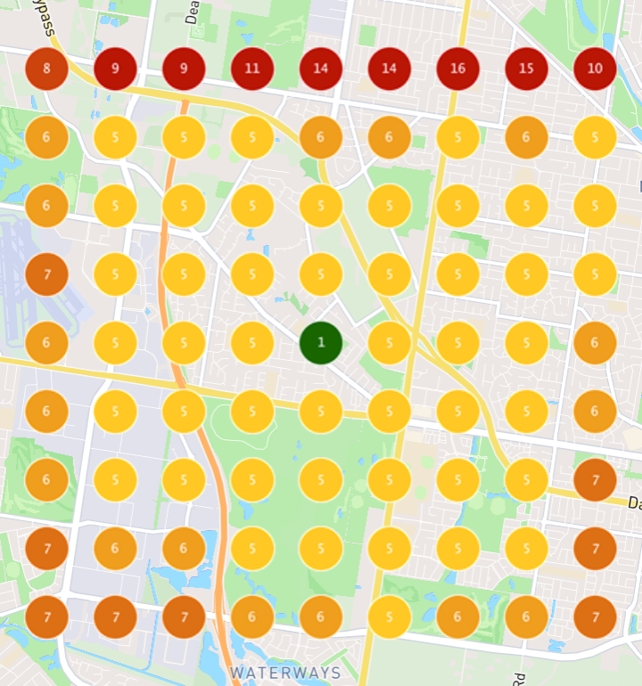 Google Maps ranking grid for 'Landscaping' around a south-east Melbourne landscaper on day 1 of the trial: in the top 3 at one point only.
