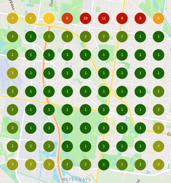 Google Maps ranking grid for 'Landscaping' on day 7 of the trial: in the top 3 at 72 of 81 points, position 1 across most of the area.
