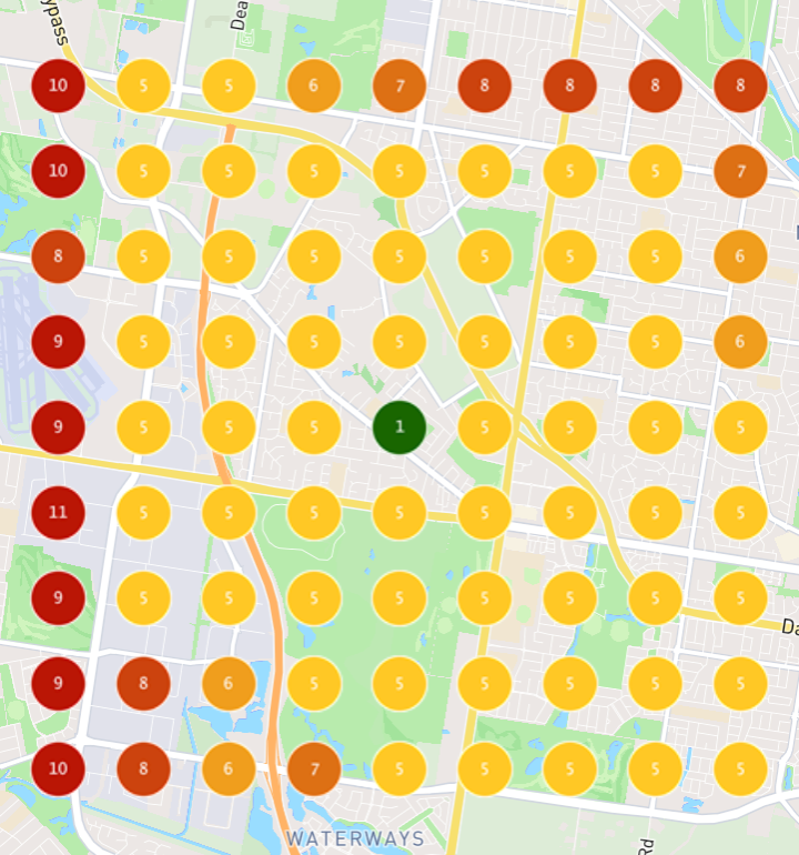 Google Maps ranking grid for 'Landscaping + Suburb' around a south-east Melbourne landscaper on day 1 of the trial: in the top 3 at one point only.