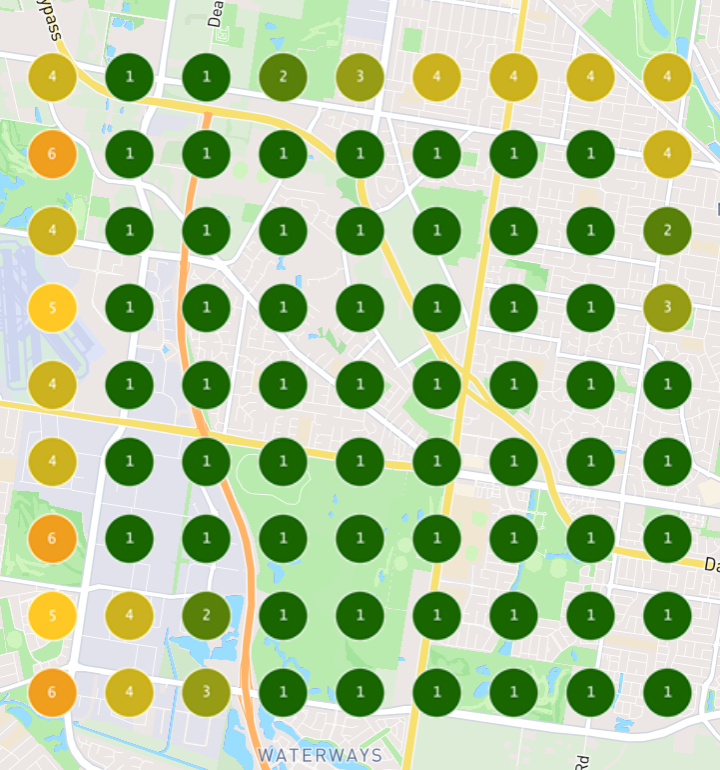 Google Maps ranking grid for 'Landscaping + Suburb' on day 7 of the trial: in the top 3 at 65 of 81 points, with no signals sent on this search.