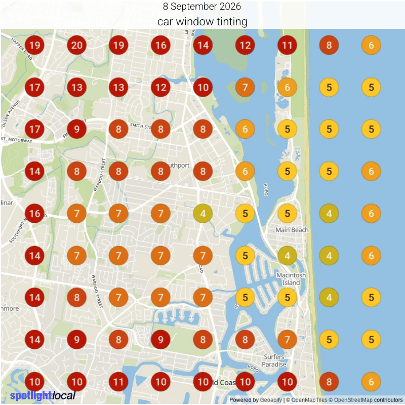 Google Maps ranking grid for a car window tinting business on the Gold Coast, showing the initial scan and the position after 7 days of the trial