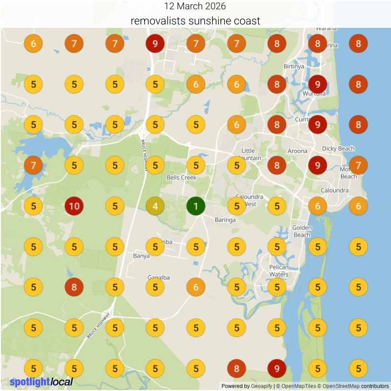 Animated ranking grid for a Sunshine Coast removalist: Top 3 coverage spreading across the service area